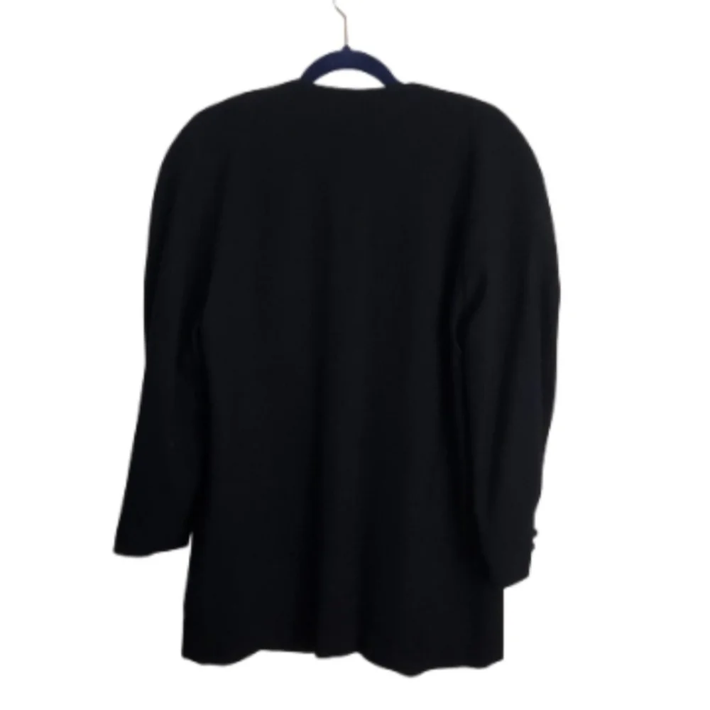 Vintage Paul Stanley Black Pure Wool 90s Collarless Long Lines Blazer Size 6